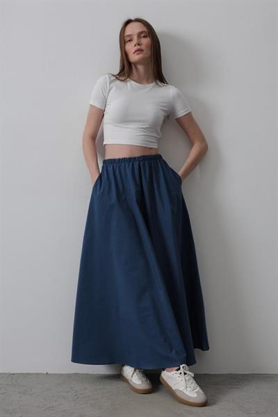 Belden Lastikli A Kesim Etek - İndigo