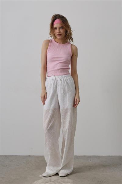 Beli Bağlamalı Brode Pantolon - Beyaz