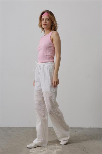 Beli Bağlamalı Brode Pantolon - Beyaz