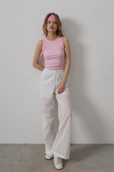 Beli Bağlamalı Brode Pantolon - Beyaz