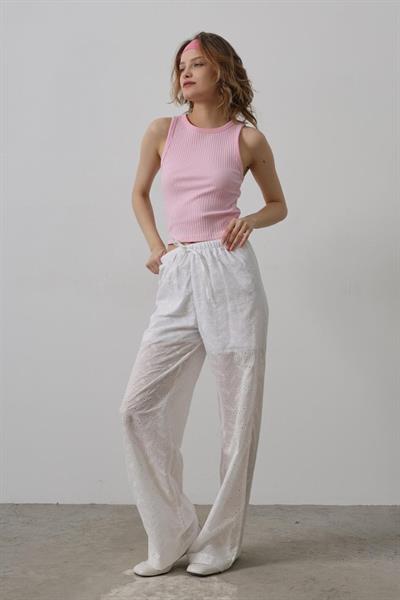 Beli Bağlamalı Brode Pantolon - Beyaz