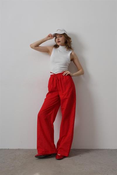 Beli Bağlamalı Brode Pantolon - Kırmızı