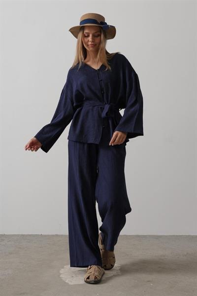 Beli Bağlamalı Tunik Ve Beli Bağlamalı Pantolon Takım - Lacivert