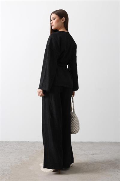 Beli Bağlamalı Tunik Ve Beli Bağlamalı Pantolon Takım - Siyah