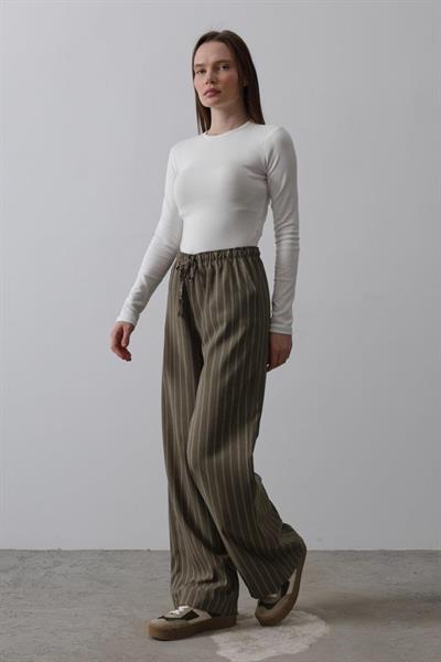 Beli Lastikli Bol Paça Pantolon - Haki-Beyaz
