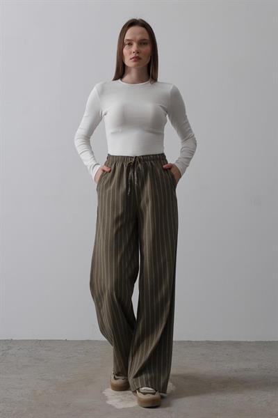Beli Lastikli Bol Paça Pantolon - Haki-Beyaz