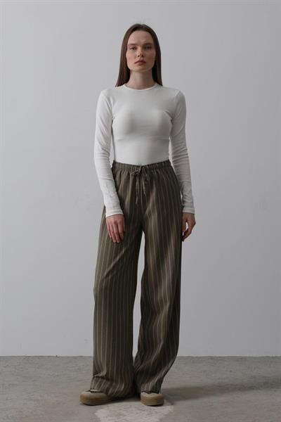 Beli Lastikli Bol Paça Pantolon - Haki-Beyaz