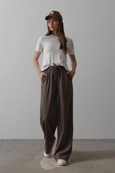 Beli Lastikli Bol Paça Pantolon - Kahve