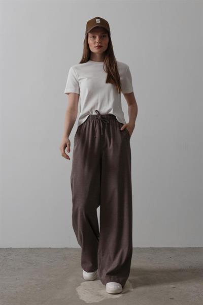 Beli Lastikli Bol Paça Pantolon - Kahve