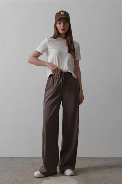 Beli Lastikli Bol Paça Pantolon - Kahve