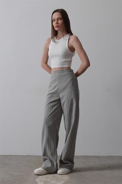 Beli Yarım Lastikli Palazzo Pantolon - Gri-Beyaz