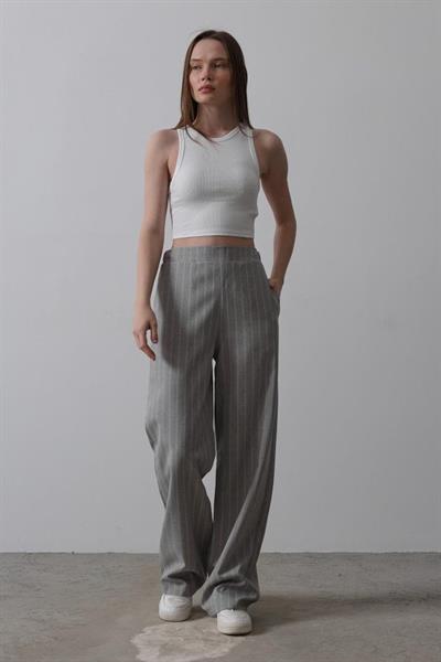 Beli Yarım Lastikli Palazzo Pantolon - Gri-Beyaz