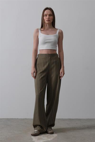 Beli Yarım Lastikli Palazzo Pantolon - Haki-Beyaz