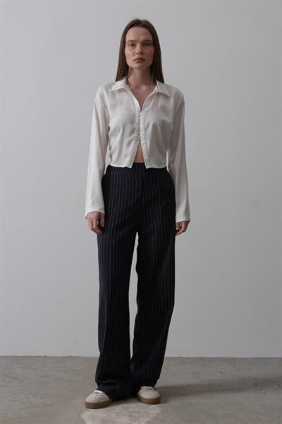 Beli Yarım Lastikli Palazzo Pantolon - Lacivert-Beyaz