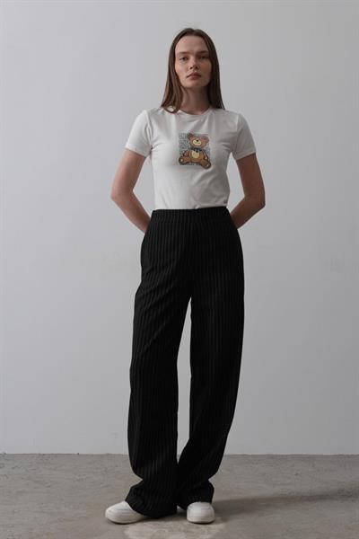 Beli Yarım Lastikli Palazzo Pantolon - Siyah-Beyaz