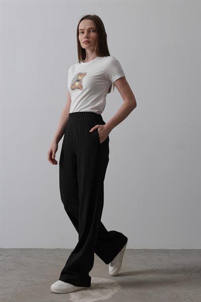 Beli Yarım Lastikli Palazzo Pantolon - Siyah-Beyaz
