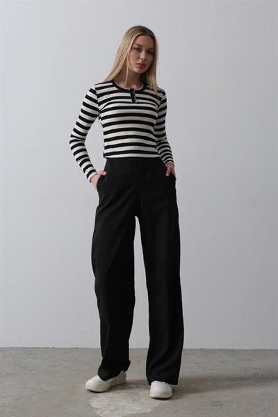 Beli Yarım Lastikli Palazzo Pantolon - Siyah