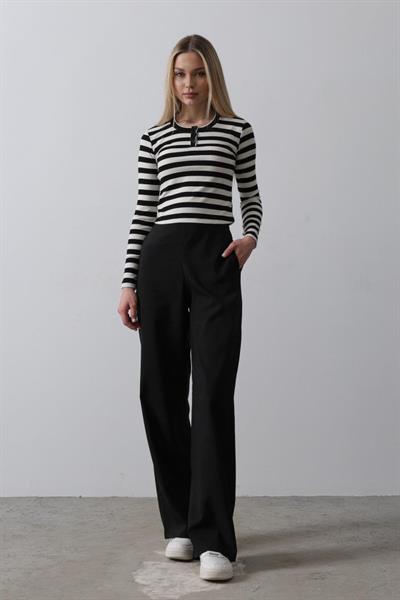 Beli Yarım Lastikli Palazzo Pantolon - Siyah