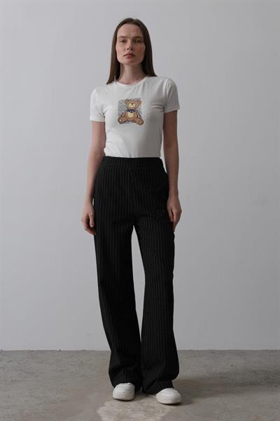 Beli Yarım Lastikli Palazzo Pantolon - Siyah-Beyaz