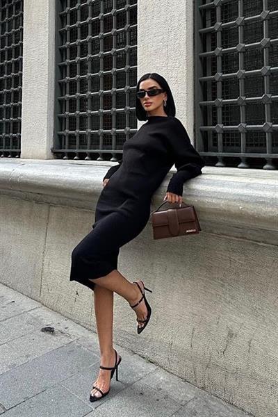 Bert Sırt Dekolteli Balon Kol Midi Triko Elbise 2820