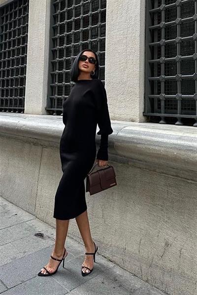 Bert Sırt Dekolteli Balon Kol Midi Triko Elbise 2820