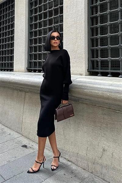 Bert Sırt Dekolteli Balon Kol Midi Triko Elbise 2820