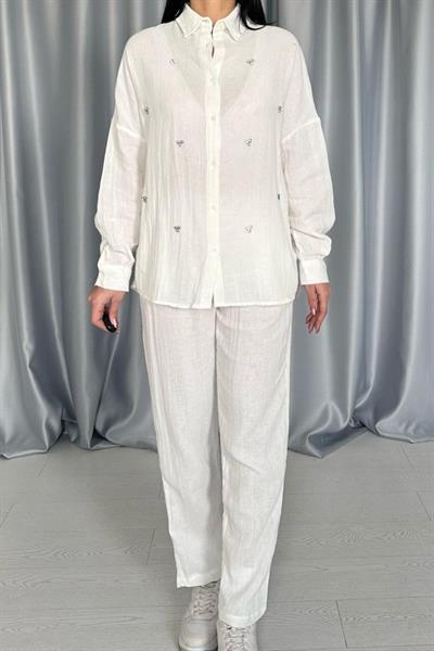 Beyaz 3 Taş Motifli Gömlek Ve Pantolon Takım