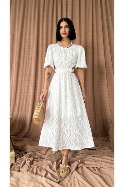 Beyaz Balon Kol Kuşaklı Elbise