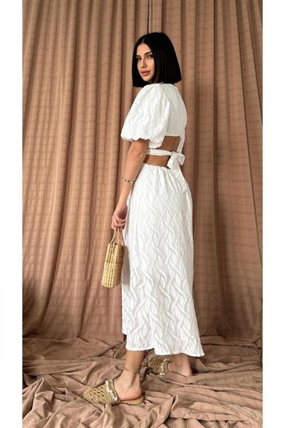 Beyaz Balon Kol Kuşaklı Elbise