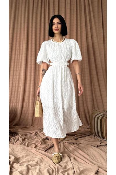 Beyaz Balon Kol Kuşaklı Elbise