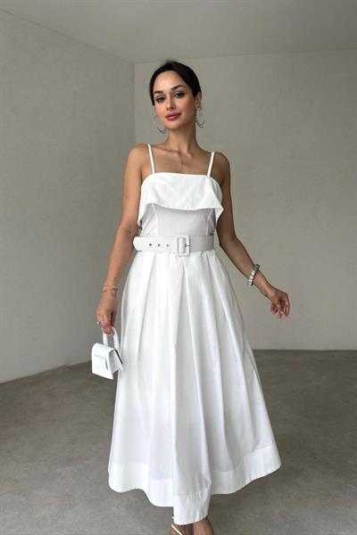 Beyaz Beli Kemerli Pileli Elbise