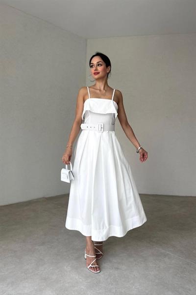 Beyaz Beli Kemerli Pileli Elbise