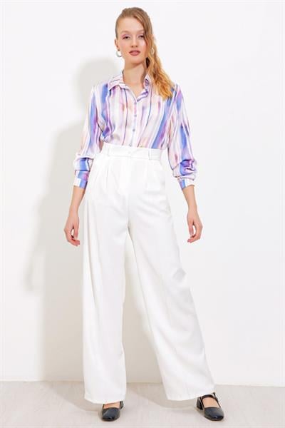 Beyaz Bol Paça Kumaş Pantolon 6647