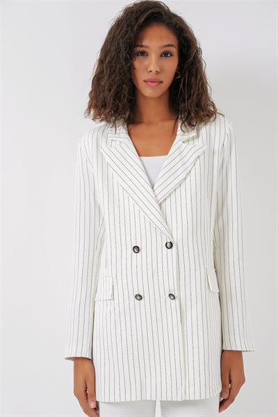 Beyaz Çift Düğmeli Çizgili Blazer Ceket 0699