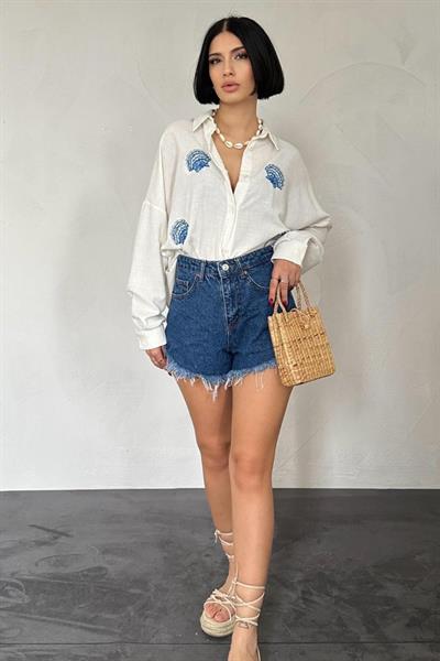 Beyaz Deniz Kabuk Desenli Gömlek