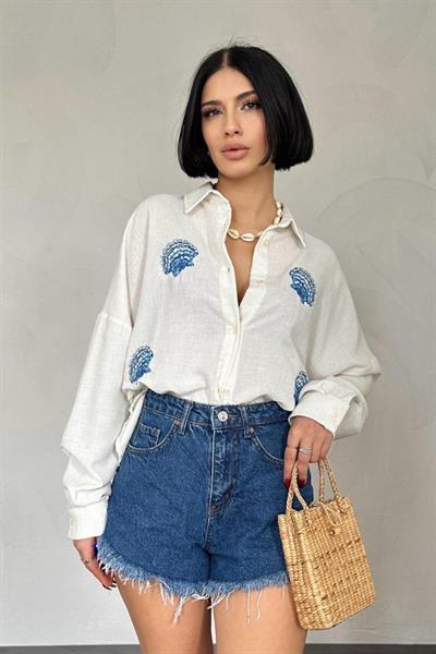 Beyaz Deniz Kabuk Desenli Gömlek