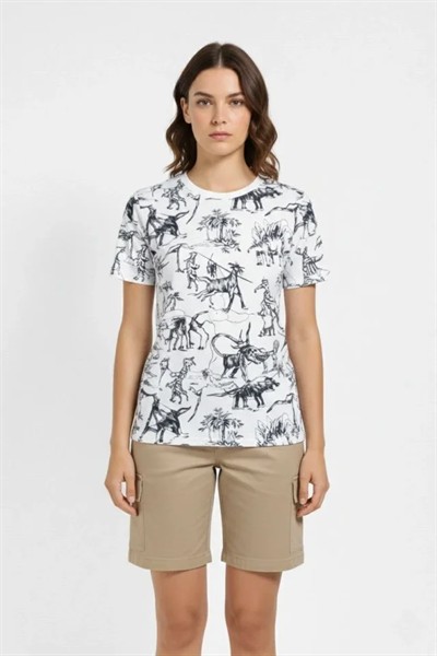 Beyaz Dinozor Desenli Tişört – Regular Kalıp, Bisiklet Yaka, Dijital Baskılı Pamuklu T-Shirt - Beyaz