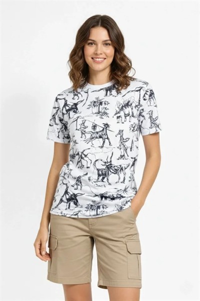 Beyaz Dinozor Desenli Tişört – Regular Kalıp, Bisiklet Yaka, Dijital Baskılı Pamuklu T-Shirt - Beyaz