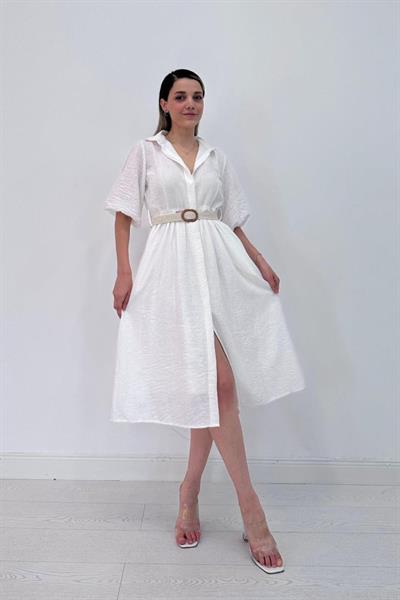 Beyaz Gizli Pat Yakalı Elbise