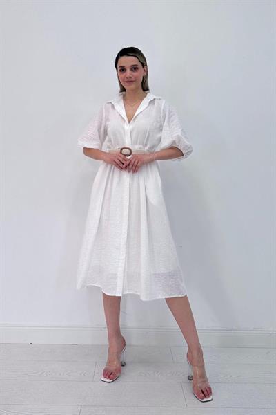 Beyaz Gizli Pat Yakalı Elbise