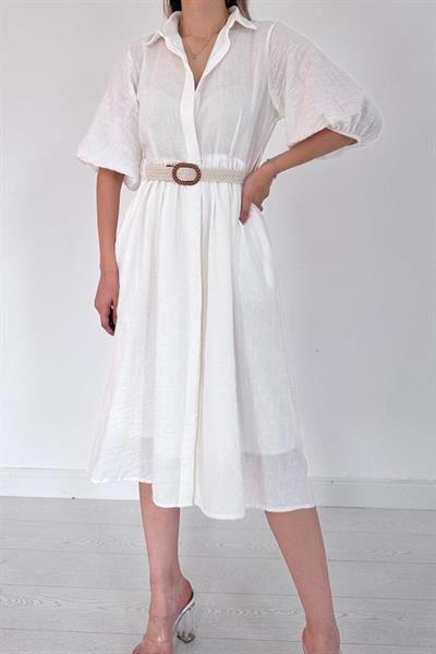 Beyaz Gizli Pat Yakalı Elbise