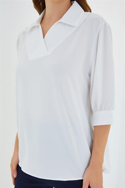 Beyaz Gömlek Yaka Saten Bluz 0493