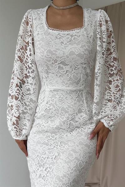 Beyaz Güpür Detaylı Dantel Elbise