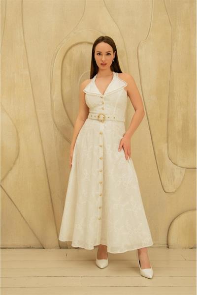 Beyaz İnci Kemer Detaylı Dantelli Elbise