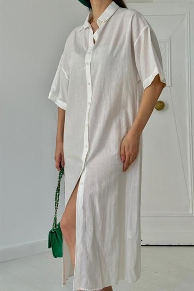 Beyaz Keten Kısa Kollu Elbise