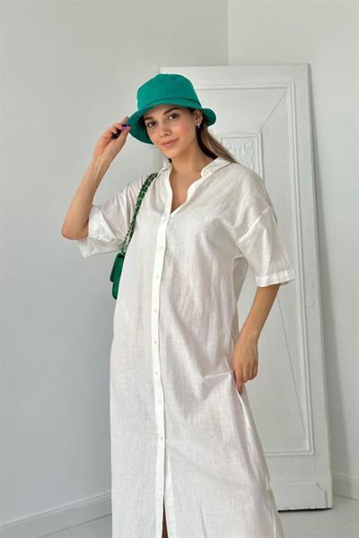 Beyaz Keten Kısa Kollu Elbise