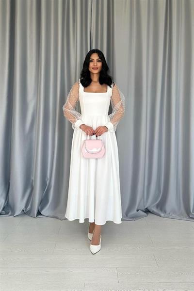 Beyaz Kolları Organze Kuplu Elbise