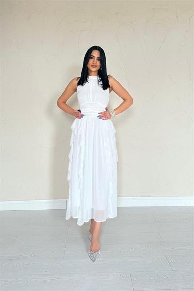 Beyaz Önü Büzgülü Fırfırlı Elbise