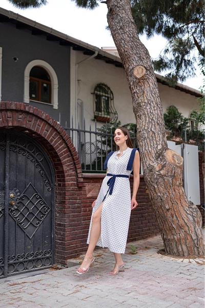 Beyaz Puantiyeli Kuşaklı Elbise