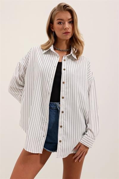 Beyaz Siyah Çizgili Oversize Uzun Basic Gömlek 3900